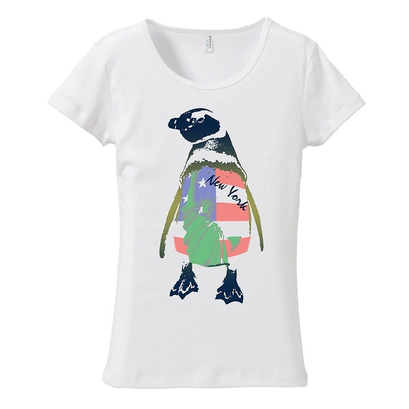 [Women's T-shirt] NY Penguin - เสื้อยืดผู้หญิง - ผ้าฝ้าย/ผ้าลินิน ขาว