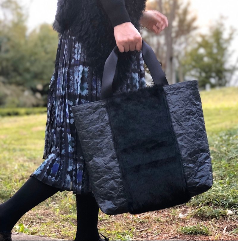 [Tokyo Made] Italian Eco-Fur / Black Specialty Material Eco Tote Bag black / M - Handbags & Totes - Waterproof Material Black