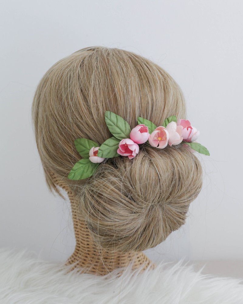 (Set 5 pcs.) PINK SAKURA Flower Hair Pink Handmade Paper Flowers - 髮夾/髮飾 - 紙 粉紅色