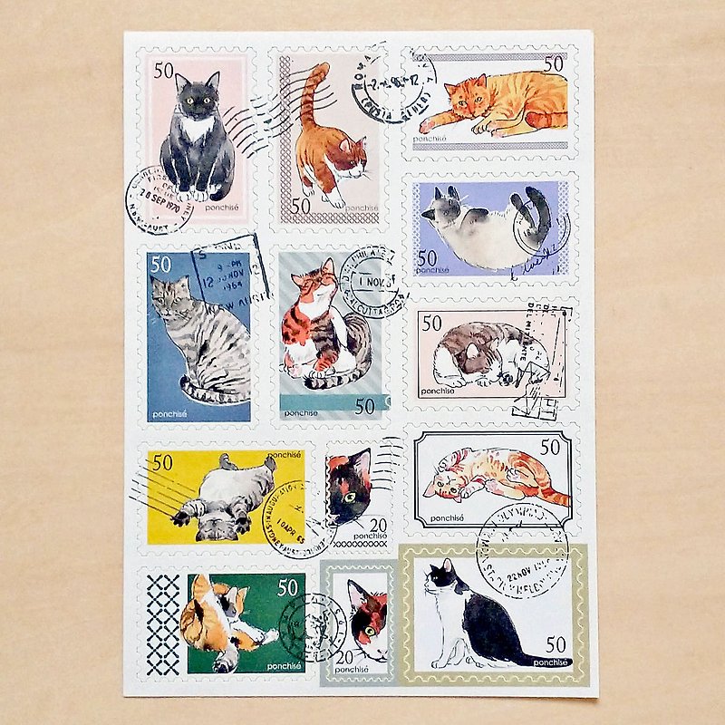 切手シール　猫 - 貼紙 - 紙 多色