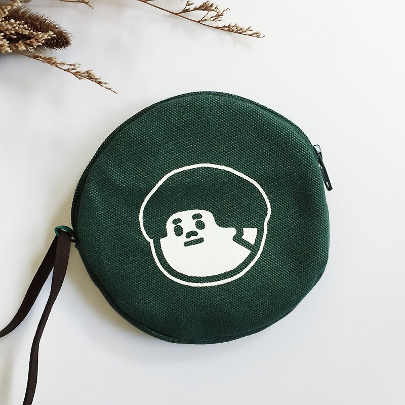 Jetta dark green round coin purse with lanyard - กระเป๋าใส่เหรียญ - ผ้าฝ้าย/ผ้าลินิน สีเขียว