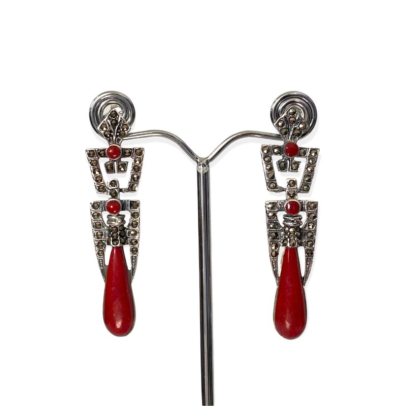 Art Deco Style Red Coral with Marcasite Drop Earrings / Set 925 Sterling Silver - 耳環/耳夾/耳骨夾 - 純銀 紅色
