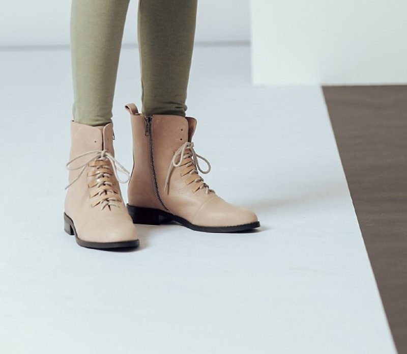 Leather line rate flat leather boots milk brown - รองเท้าบูทยาวผู้หญิง - หนังแท้ สีนำ้ตาล
