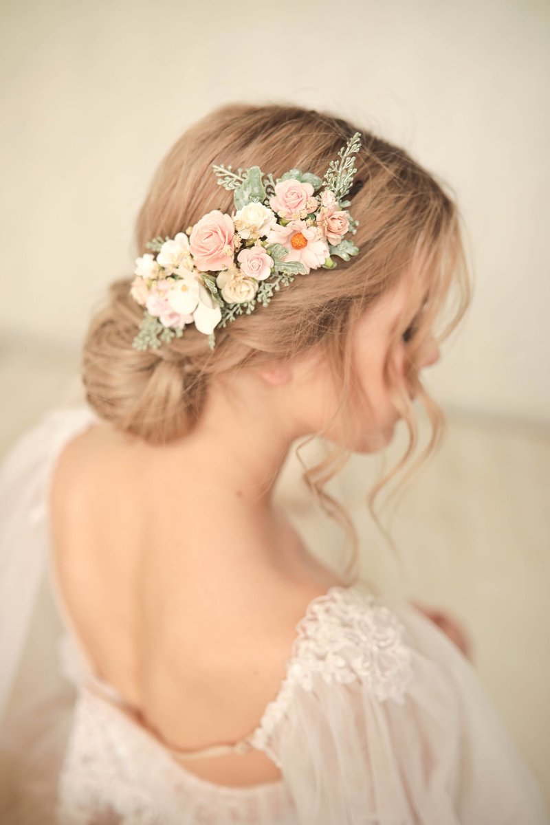 Blush Bridal hair comb, Wedding flower hairpiece, Flower Hair comb, Wedding hair - เครื่องประดับผม - กระดาษ สึชมพู