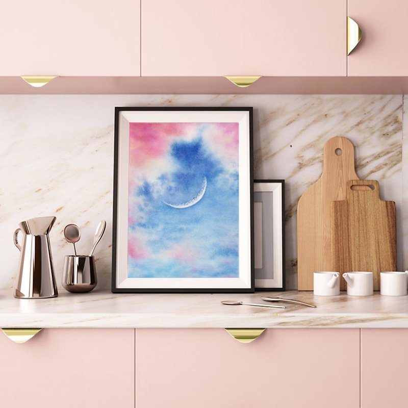 【Eclipse 】Limited Edition Watercolor. Romantic Pink Cloud Moon Sky Bedroom Art. - Posters - Paper 