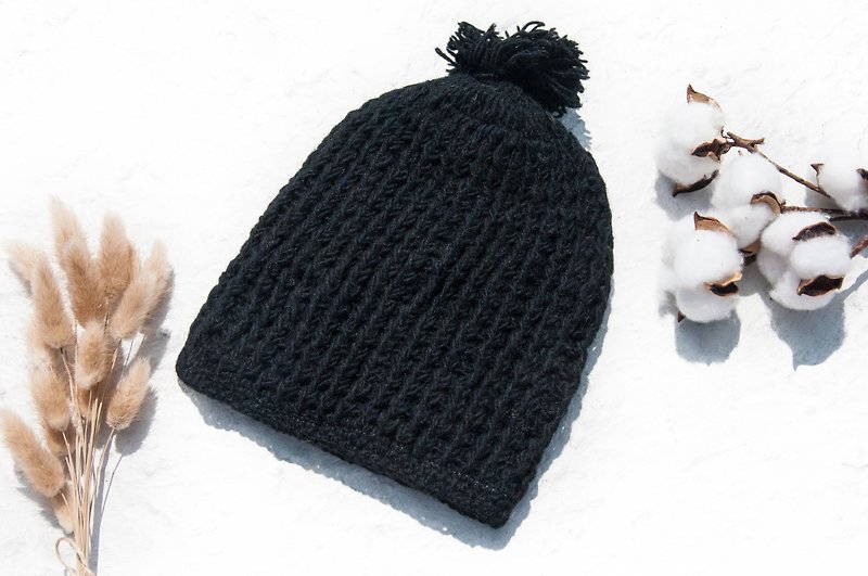 手織純羊毛帽/針織毛帽/內刷毛手織毛帽/手工針織毛線帽 -時尚黑 - 帽子 - 羊毛 黑色