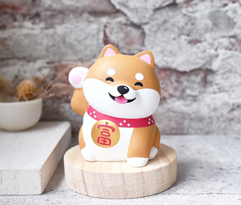 Gou Laifu Lucky Shiba Inu Business Card Holder Dark Hand-carved Healing Decoration Small Wooden Carving Decoration - ตุ๊กตา - ไม้ สีนำ้ตาล