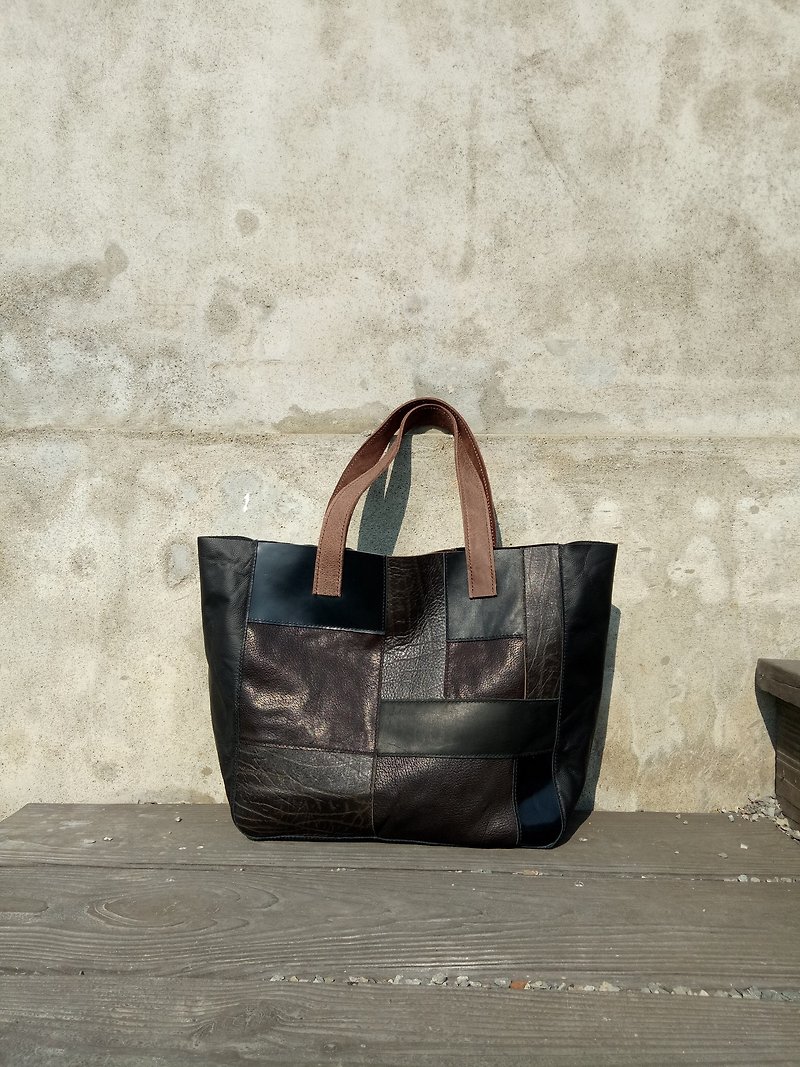 Geometric Tote bales (hand-stitched / full leather) - กระเป๋าแมสเซนเจอร์ - หนังแท้ สีดำ