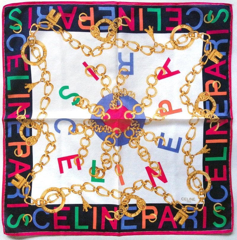 Celine Vintage Scarf Gold Chain - Motif Paris Landmarks 23 x 22.5 inches - 絲巾 - 棉．麻 紅色