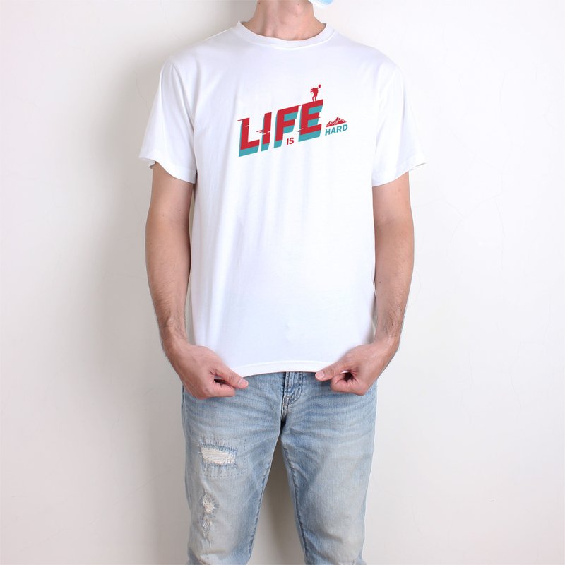 【復古】Life is hard人生好難  短T/男T恤/T-Shirt/女上衣 - 男 T 恤 - 棉．麻 白色