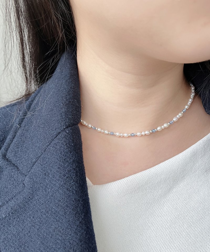 Handmade sterling silver 925 natural freshwater pearl blue diamond beaded necklace - สร้อยคอ - เงินแท้ สีน้ำเงิน