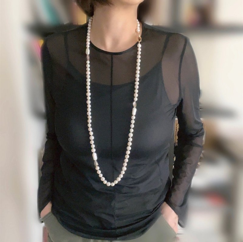 サークル入りの淡水パールのロングネックレス ブラウントパーズ入り 再販 - 項鍊 - 珍珠 多色