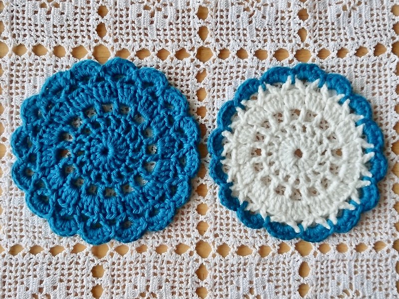 Crochet Coasters for Fika - Greenish Blue (2 pcs) - ที่รองแก้ว - ผ้าฝ้าย/ผ้าลินิน สีน้ำเงิน