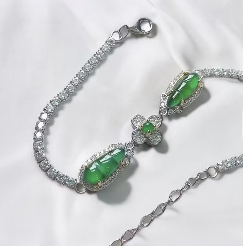 瓔珞珠寶盒 E.L.Jewelry Box 【福壽】冰種老坑綠翡翠福豆設計款手鍊 925純銀 | 天然A貨翡翠
