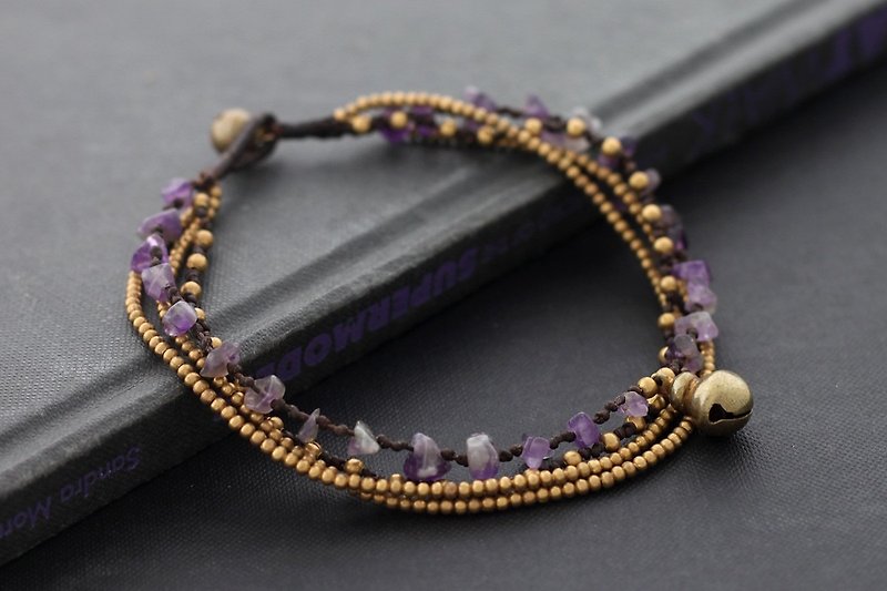 紫水晶黃銅鍊子腳鍊石頭編織的腳腕手鐲吉普賽人 - 腳鍊/腳環 - 銅/黃銅 紫色