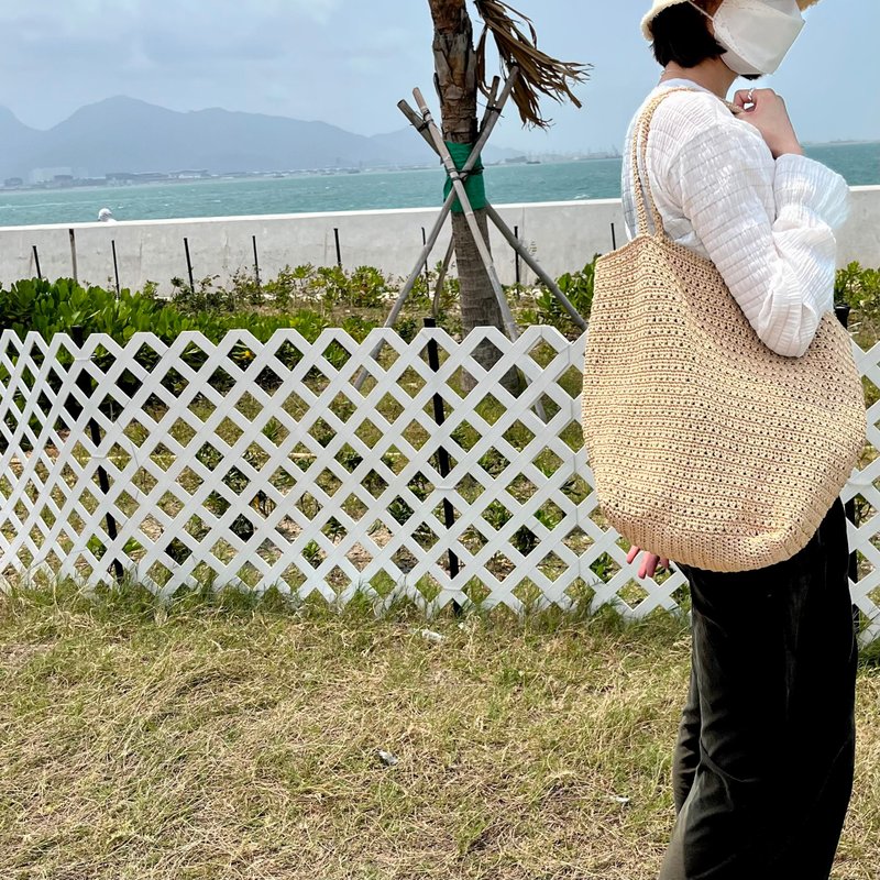 日本棉麻線 編織手袋 側揹袋 斜背包 手挽包 大袋 日系麻 夏日 - 手提包/手提袋 - 棉．麻 卡其色