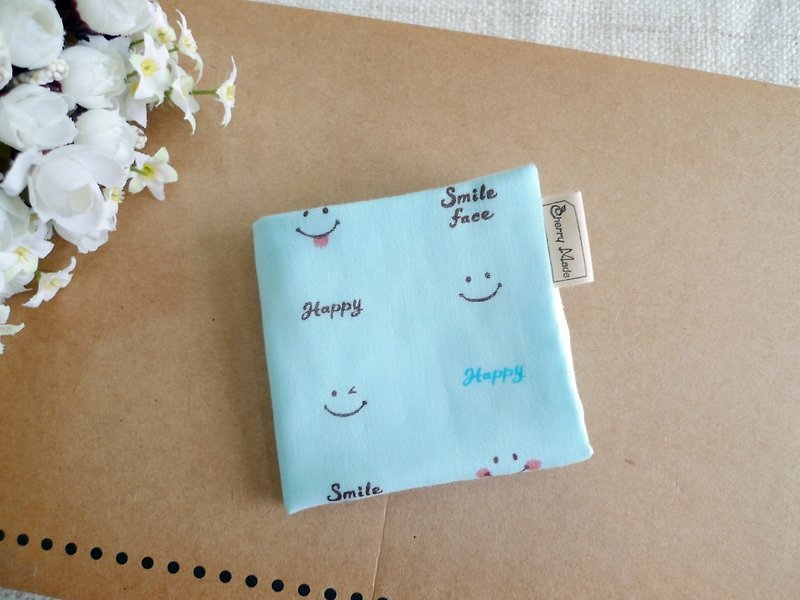 純棉紗布手帕/口水巾/小方巾-微笑小臉(藍) - 圍兜/口水巾 - 棉．麻 藍色