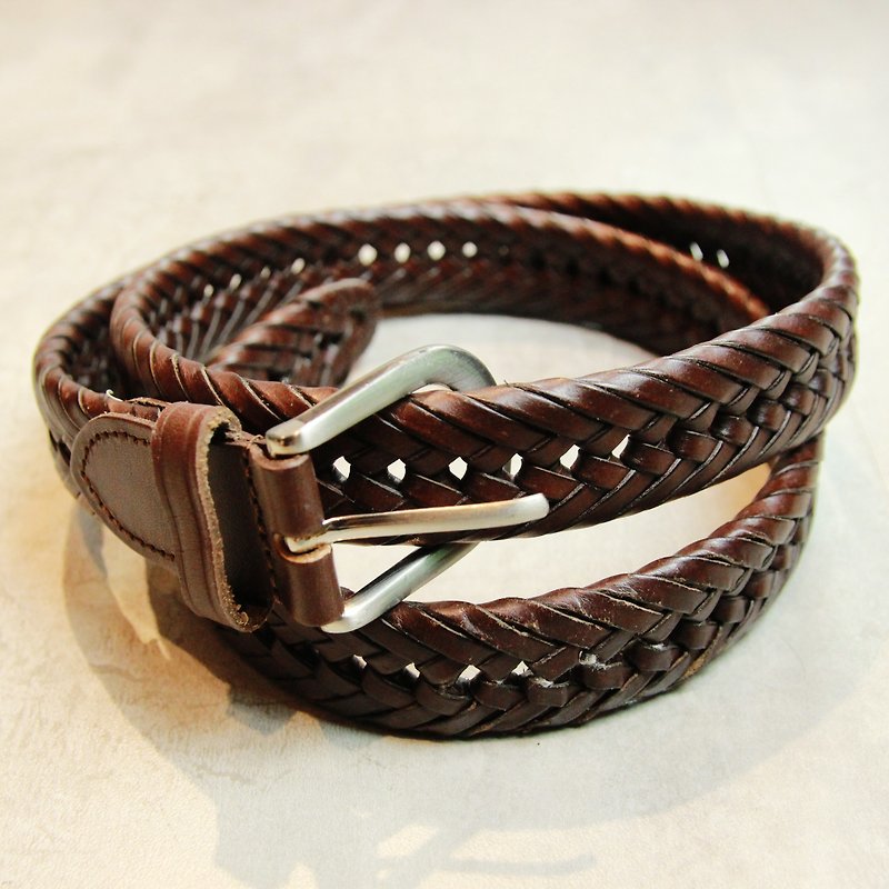 Tsubasa.Y ancient house dark brown metal horseshoe clasp braided ancient belt 002, leather belt - Belts - Genuine Leather 