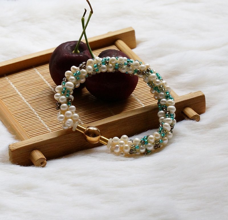 Kumihimo手織日本玻璃珠 + 珍珠手錬 ( Handmade Kumihimo Pearl Bracelet ) - 手鍊/手鐲 - 寶石 藍色