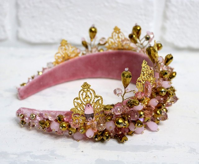 Pink crown Beaded bridal tiara Rose gold royal diadem Wedding