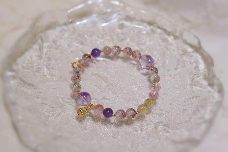 Original natural super seven crystal bracelet with amethyst purple super seven gold rutilated crystal ancient Silver gourd 7mm - สร้อยข้อมือ - คริสตัล 