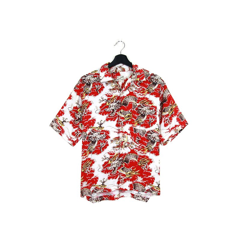 Back to Green :: and handle flower shirt red and white at the end of the full version of the dragon / / men and women can wear / / vintage (S-36) - Men's Shirts - Silk 