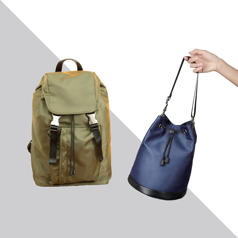 グッディバッグ - アーミーグリーン+ブルーツイル巾着バックパックのバケットバッグ（2へ） - リュックサック - 防水素材 ブルー