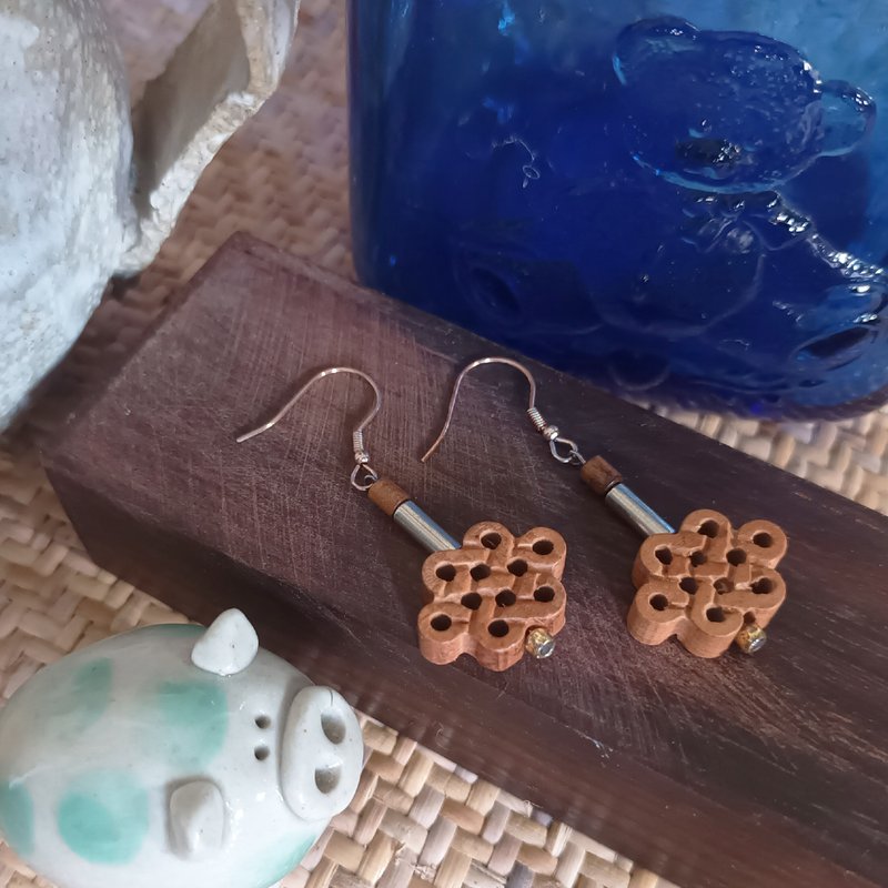 自選香味桃木中國如意結木刻925純銀鍍玫瑰金耳環耳針連禮盒 - 耳環/耳夾/耳骨夾 - 木頭 咖啡色