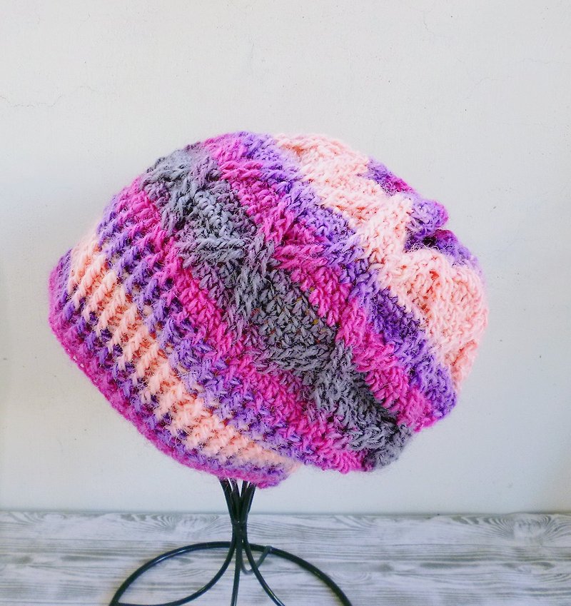 Pink Purple Grey Gradient Dyed Wool Handmade Pine Cone Hat Knitted Hat Woolen Hat - หมวก - ขนแกะ สึชมพู