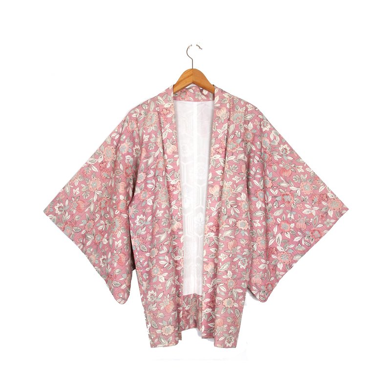 [Eggs] vintage pink flower plant printing group vintage kimono haori - จัมพ์สูท - เส้นใยสังเคราะห์ สึชมพู
