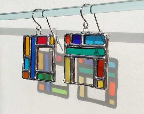 GlassBallad Large square stained glass earrings Multicolor earrings