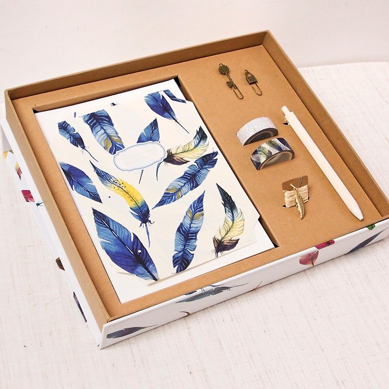 Feather Pattern Craftbook Marker Box Set- Bind Your Notebook All-In-One Kit, 2 Paper Clips, 2 Masking Tape, 1 Charm & 1 Pen - Wood, Bamboo & Paper - Paper Blue