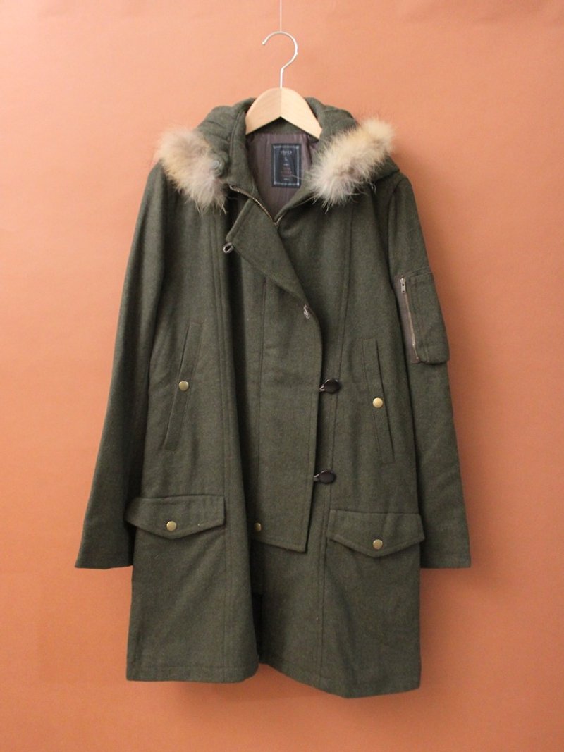 復古秋冬連帽軍綠色古著大衣外套 Vintage Coat - 外套/大衣 - 羊毛 綠色