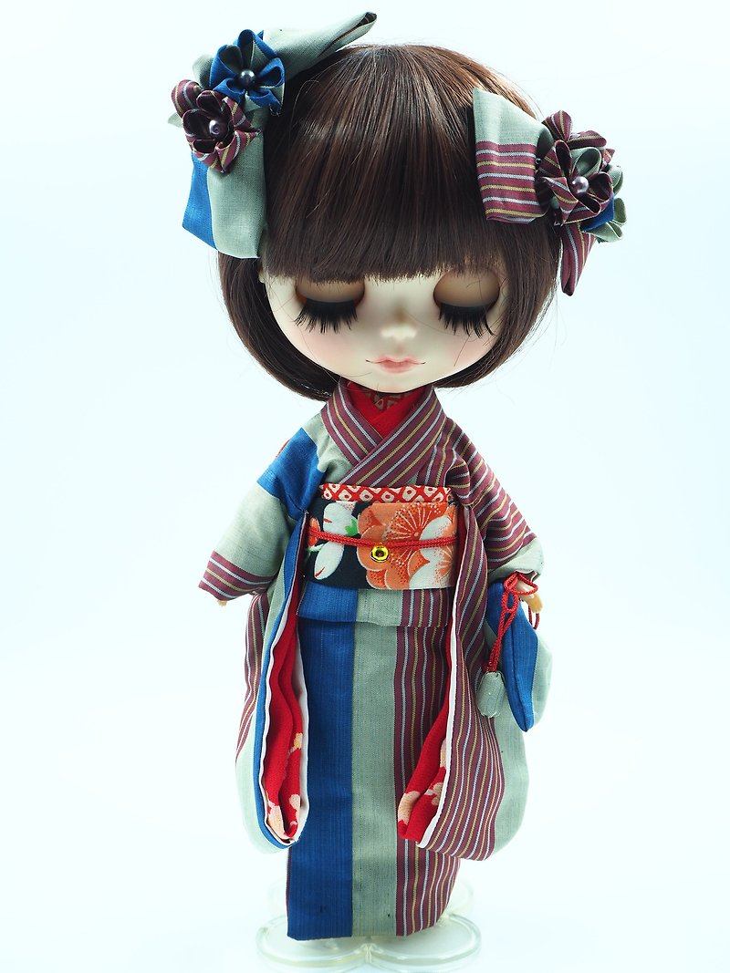 Meisen kimono with striped pattern - 人形・フィギュア - シルク・絹 