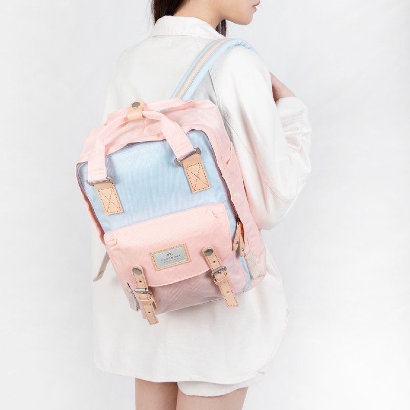 【DOUGHNUT】14-inch Water-Repellent Backpack Macaron Water Bottle Compartment School Bag-Ice Blue x Sakura - กระเป๋าเป้สะพายหลัง - ไนลอน สึชมพู