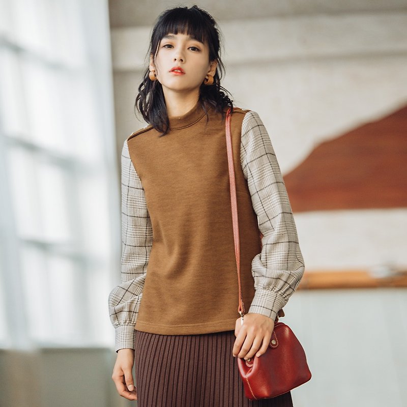 [Hot Sale] Women's Autumn Wear Women's Tops Sleeve Contrast Color Stand Collar T-Shirt 7ND803 - เสื้อผู้หญิง - ไฟเบอร์อื่นๆ สีกากี