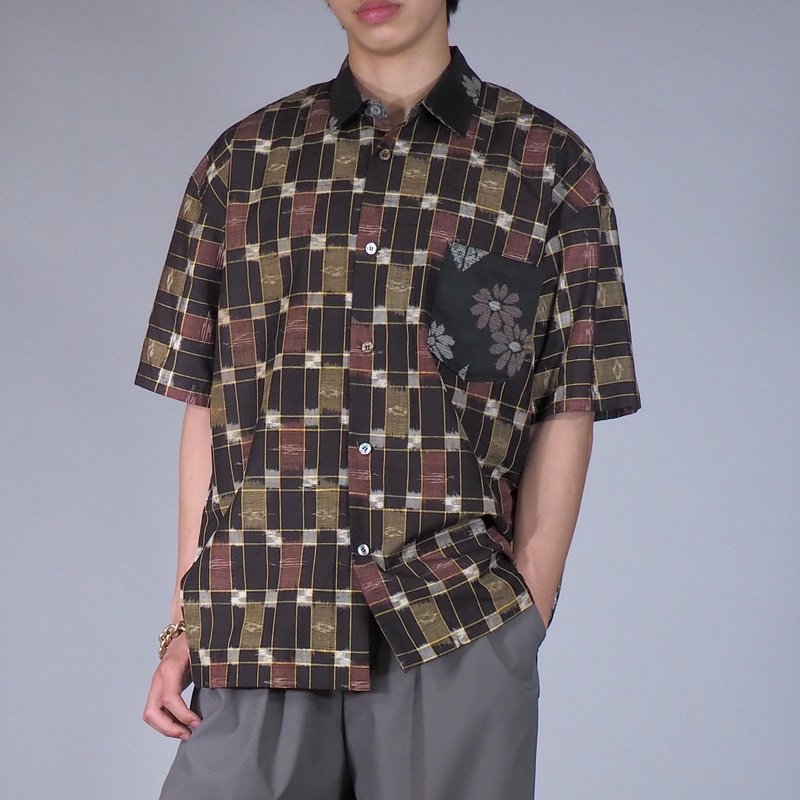 【日本製造】復古絲綢和服翻拍、男士襯衫 L、半袖襯衫 - 男襯衫/休閒襯衫 - 絲．絹 黑色