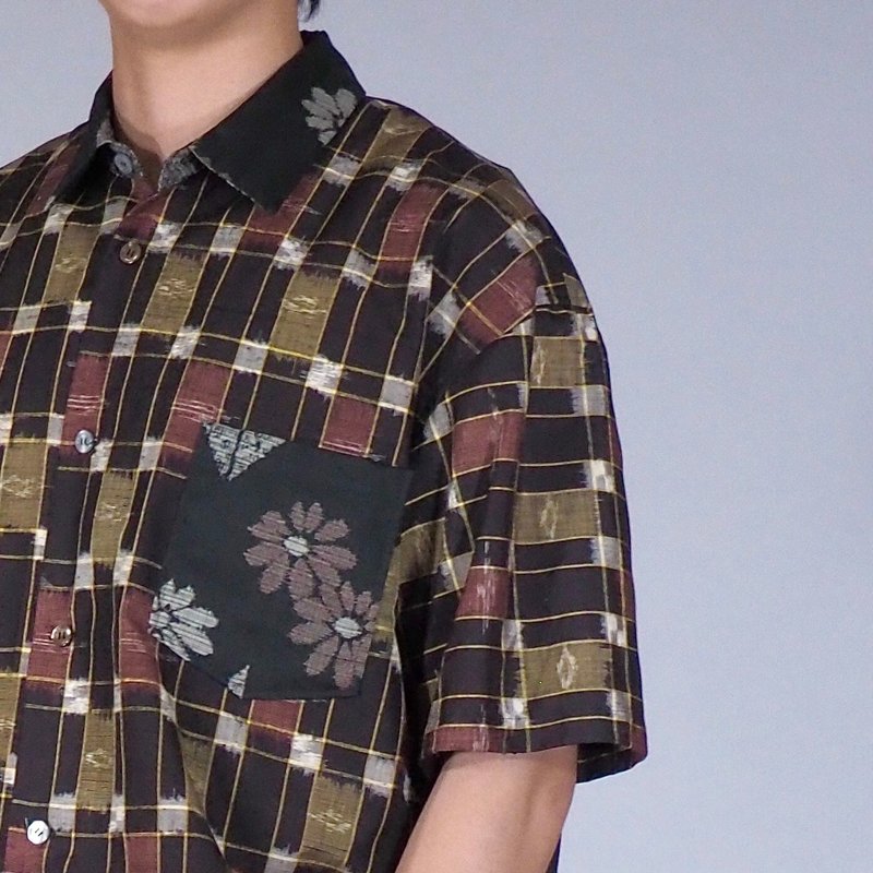 【日本製造】復古絲綢和服翻拍、男士襯衫 L、半袖襯衫 - 男襯衫/休閒襯衫 - 絲．絹 黑色