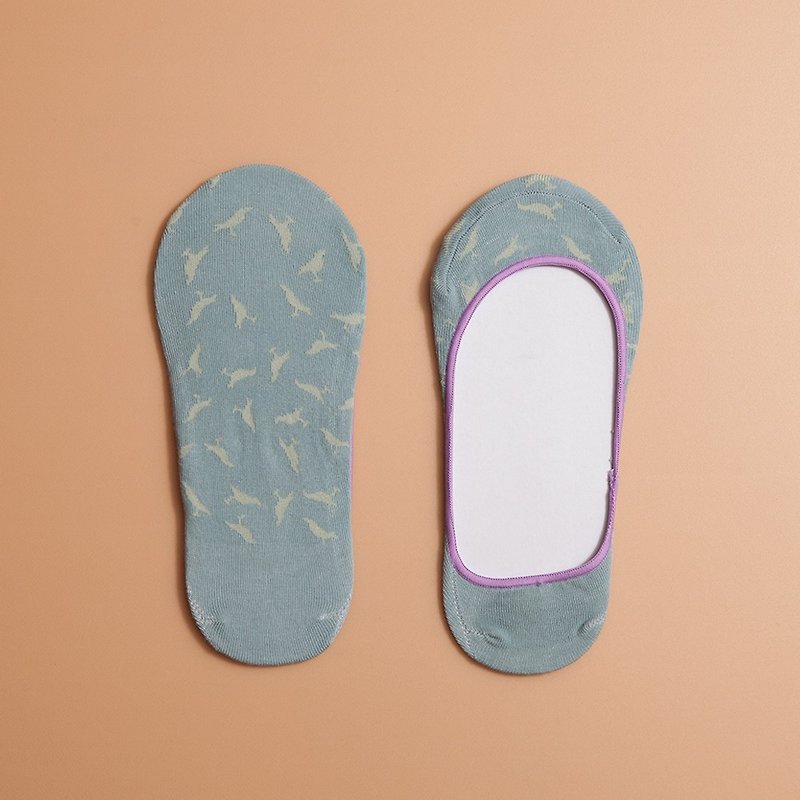 Flat Socks / Crested Myna No.4 / Stone Green - ถุงเท้า - ผ้าฝ้าย/ผ้าลินิน สีเทา