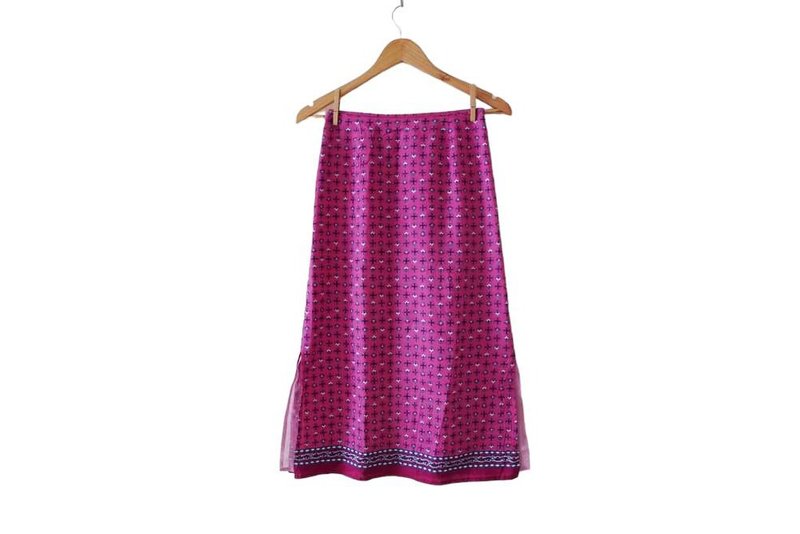 90s Purple Indian Style Gauze cotton midi skirt, woodblock paisley flowers print - Skirts - Cotton & Hemp Purple