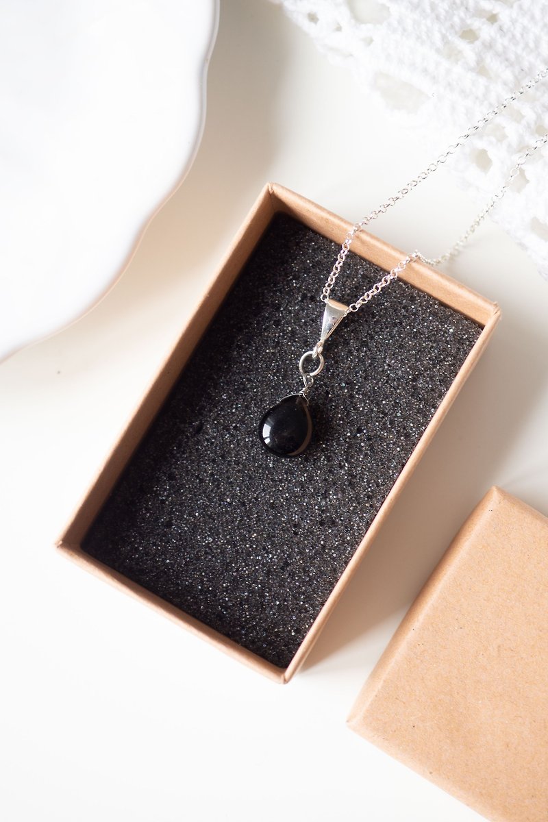Black Agate teardrop Necklace, 925 silver, Scorpio Gem, Aries stone Gift - Necklaces - Gemstone Black