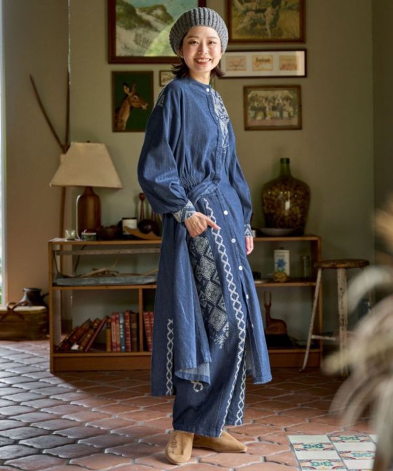 [Part in stock] Tibetan traditional pattern embroidered denim casual long shirt dress (2 colors) IDS-4308 - One Piece Dresses - Other Materials 