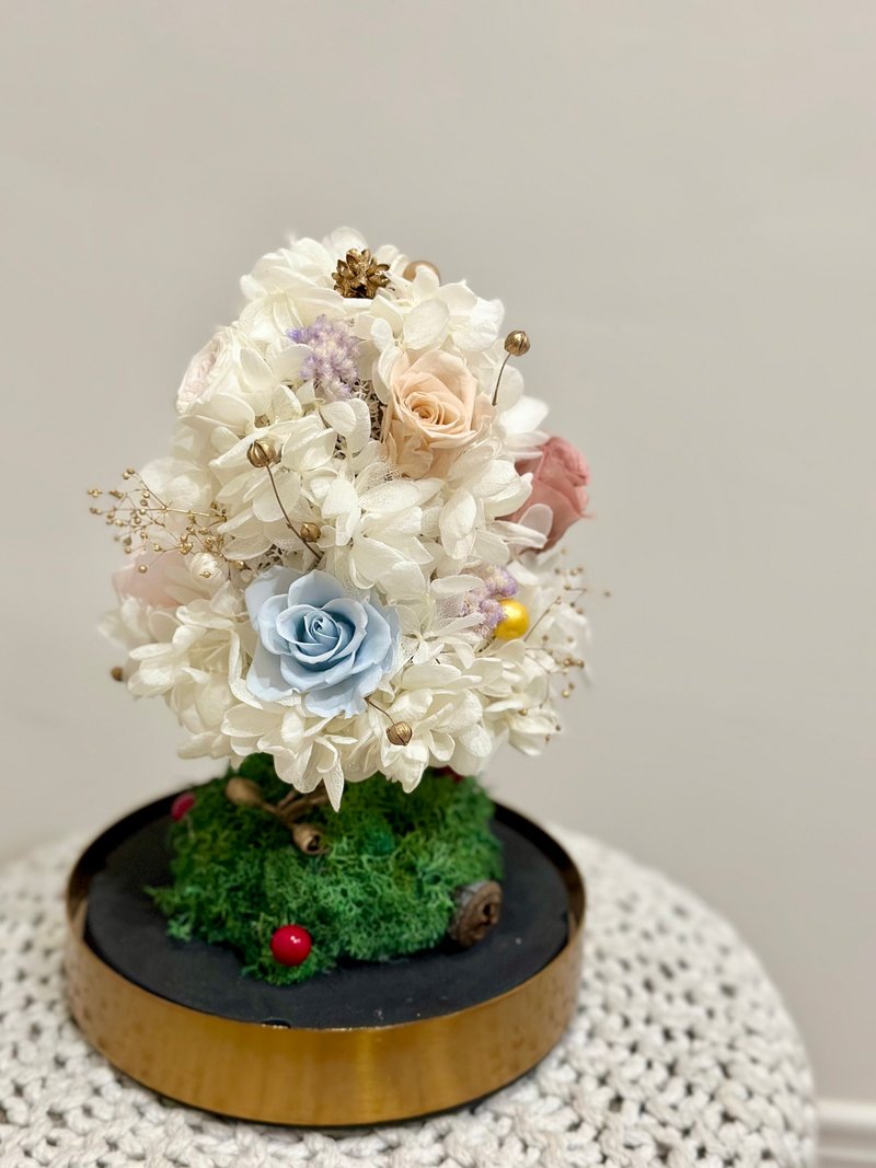 白色聖誕玫瑰花燈樹玻璃罩 玫瑰花盅 聖誕節禮物 交換禮物 - 乾燥花/永生花 - 植物．花 白色