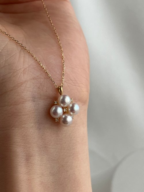 KOKO PEARL JEWELRY 日本製 18k金項鍊 幸運四葉草設計 akoya珍珠項鍊 天然鑽石吊墜