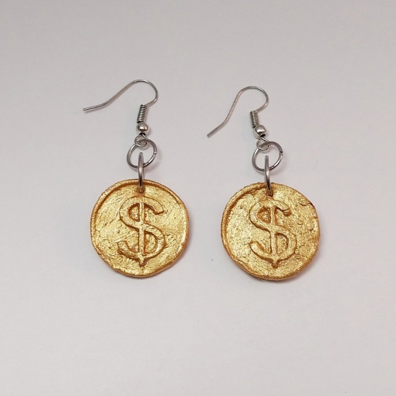 Gold Coin Color Earring Handmade Air Dry Clay Eco Friendly Stainless Hook - 耳環/耳夾/耳骨夾 - 黏土 金色