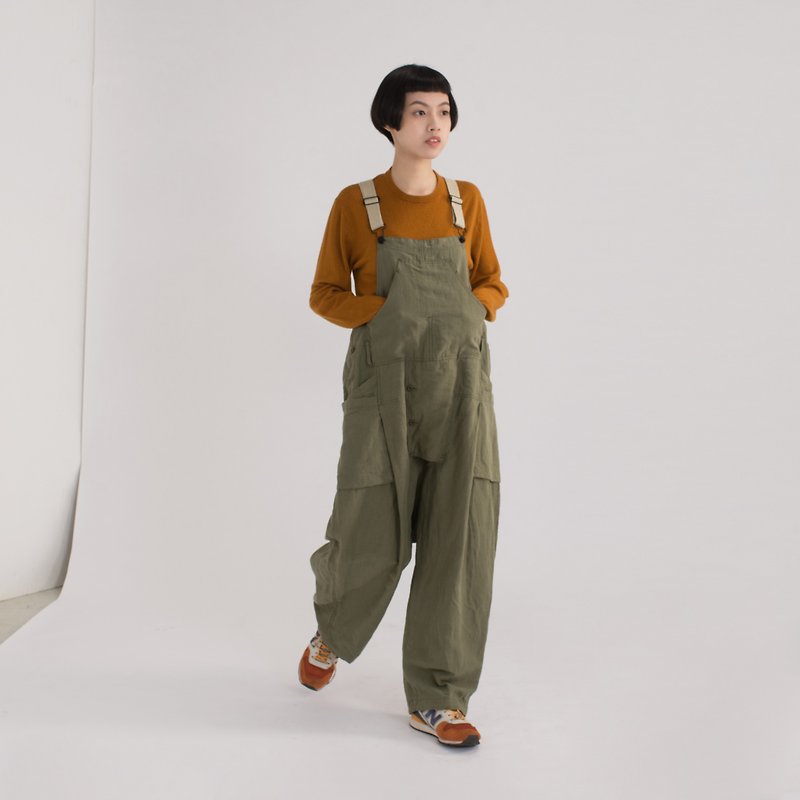 rin OVAL2 Olive Green Jumpsuit Jumpsuit-Cotton Jumpsuit - จัมพ์สูท - ผ้าฝ้าย/ผ้าลินิน สีเขียว