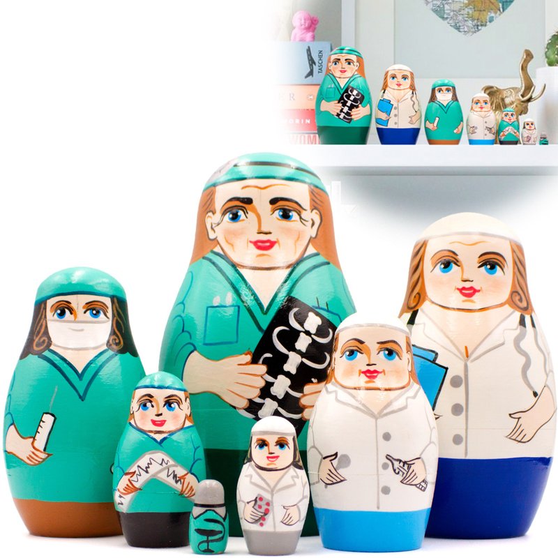 Nurse and Doctor Nesting Dolls 7 pcs - Russian Dolls for Medical Office Decor - 寶寶/兒童玩具/玩偶 - 木頭 多色
