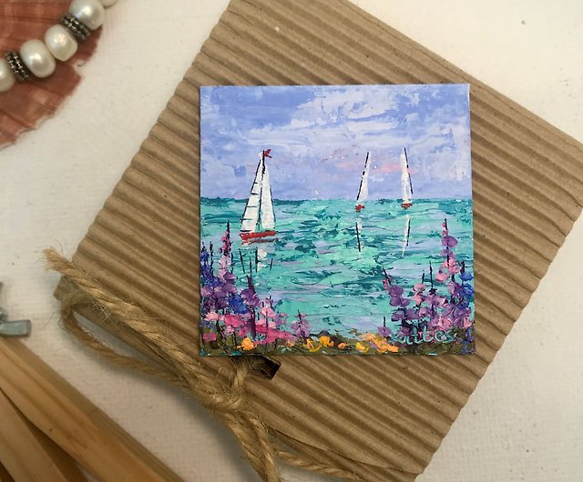 Vintage Miniature Oil Painting w/ Easel Cape Cod Sand Dune Sailboats S -  themartcollective