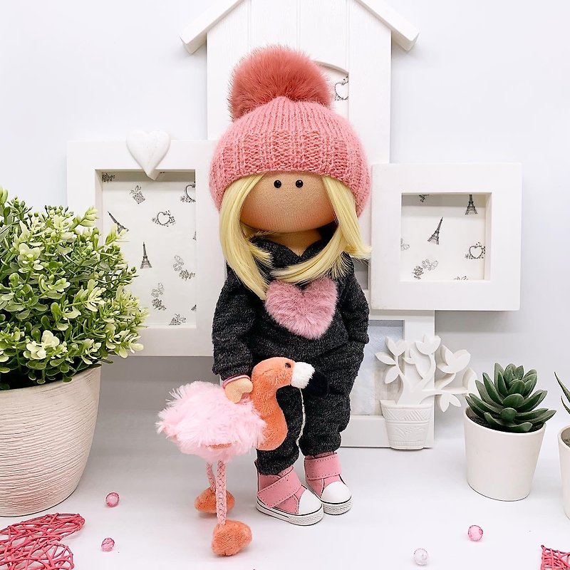 Tilda Doll with Cute Flamingo Handcrafted Decorative Doll - Stuffed Dolls & Figurines - Other Materials Pink