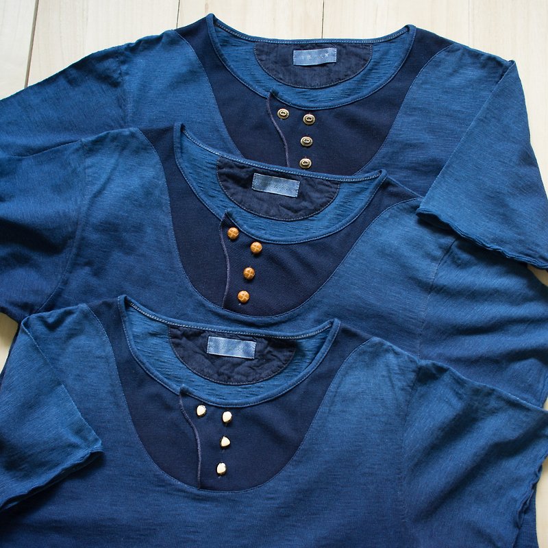 インディゴ植物染めヘンリーカラー半袖トップス - Tシャツ メンズ - コットン・麻 ブルー